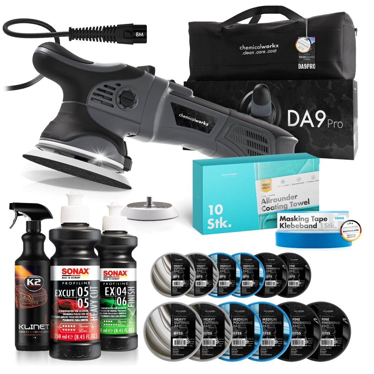 chemicalworkz Poliermaschinen Set DA9 Pro + Sonax + Zubehör