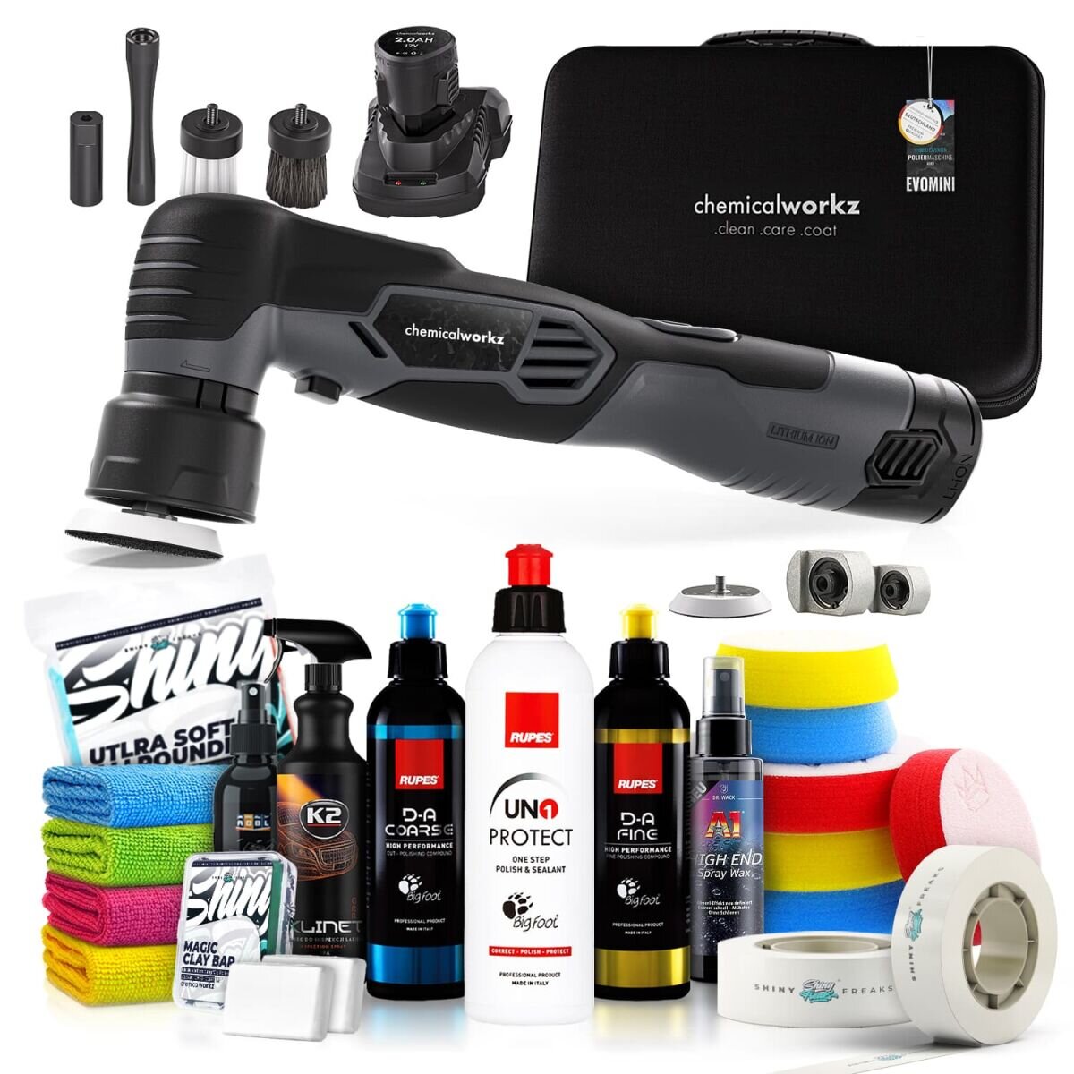 chemicalworkz EVO Mini Akku Poliermaschinen Set mit Rupes Polituren & Zubehör