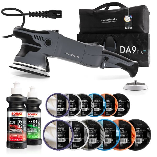 chemicalworkz DA9 Pro Max Poliermaschinen Set mit Sonax Polituren, Polierpads &amp; 2 St&uuml;tzteller