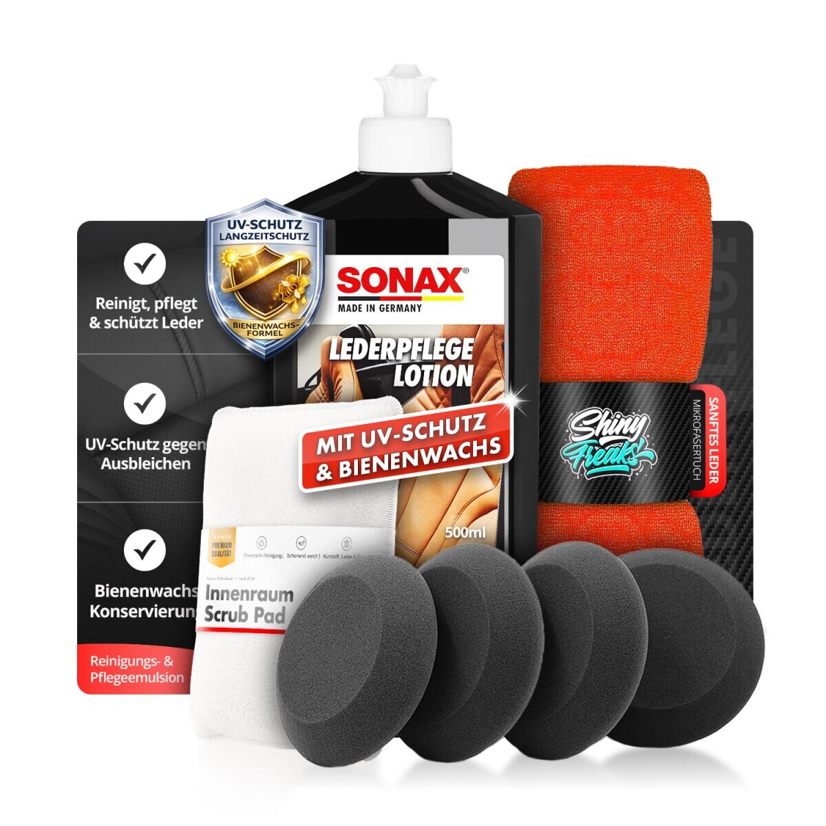 SONAX Lederpflege Set LederPflegeLotion 500ml + Zubehör (7-teilig)