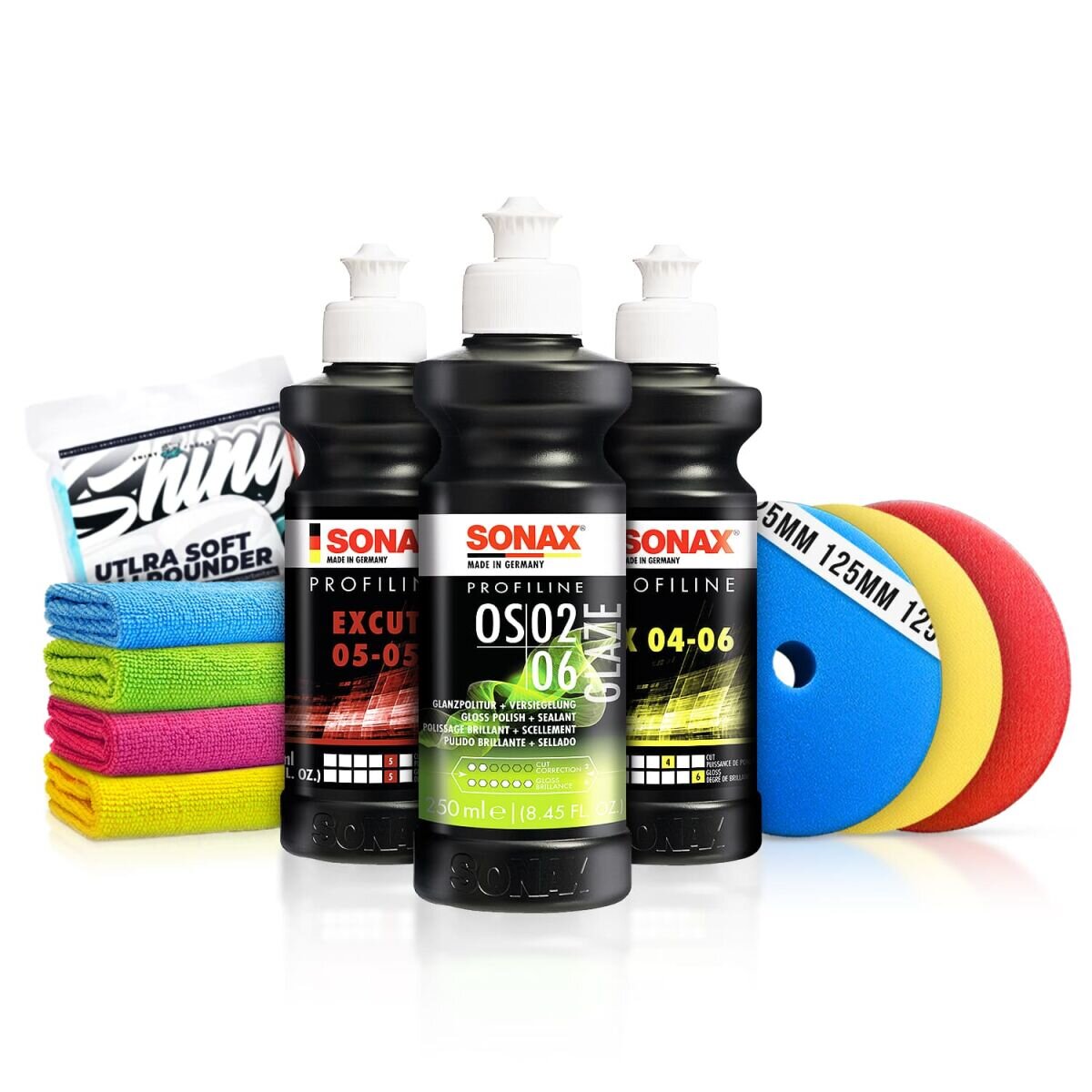 Sonax Auto Politur Set: ExCut 05-05 + Ex 04-06 + OS 02-06 (je 250ml) Autopolitur Set inkl. Premium Polierpads (Ø125mm) | 10-teilig
