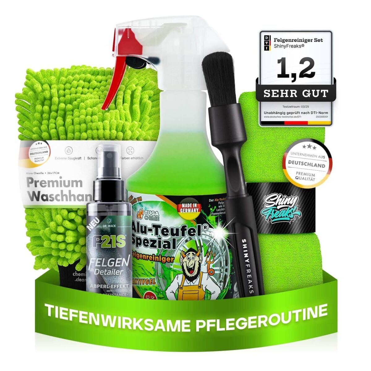 TUGA Chemie Felgenreiniger Set Alu-Teufel Spezial 500ml + Felgen Detailer + Zubehör (5-teilig)