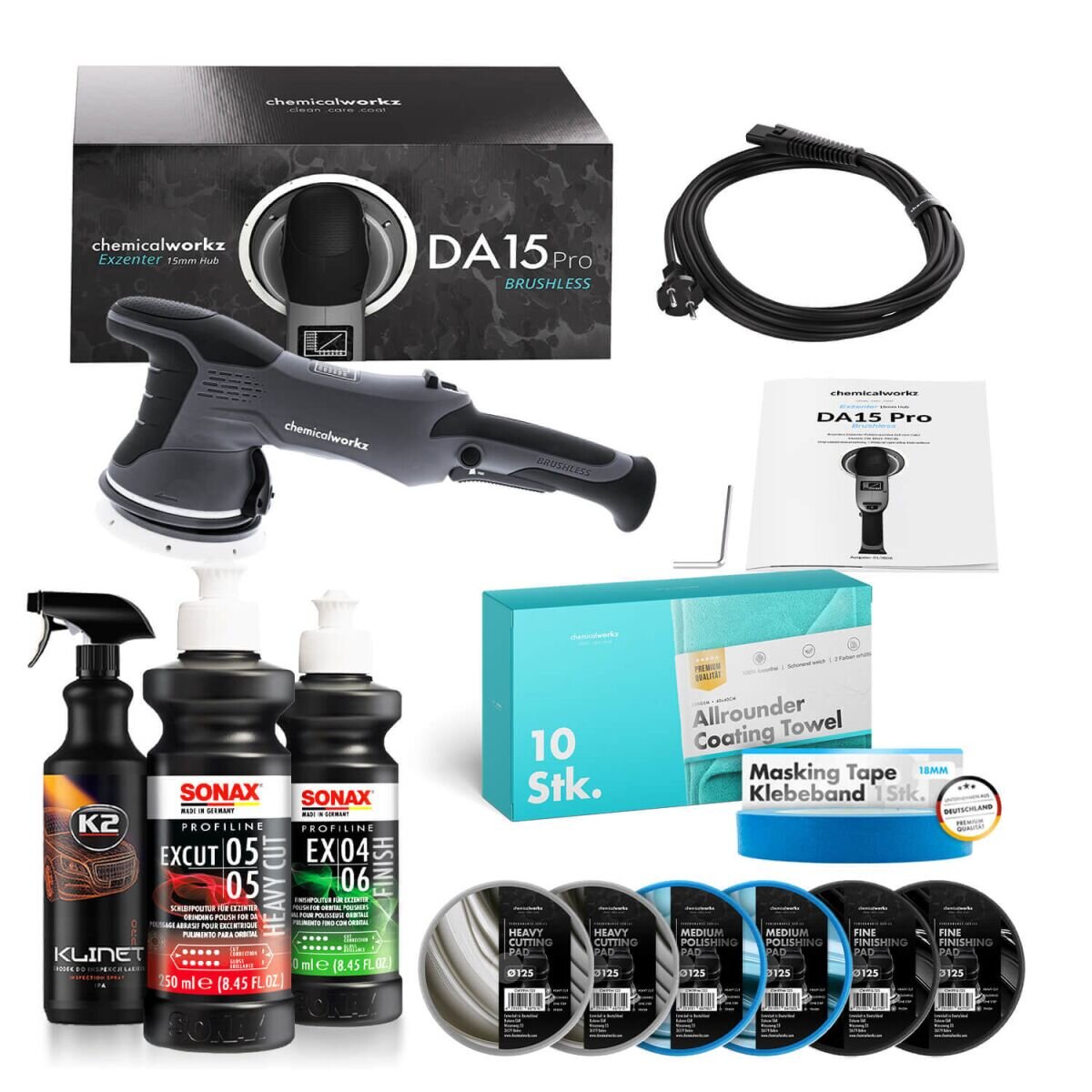 chemicalworkz Poliermaschinen Set DA15 Pro Brushless + Sonax + Zubehör (16-teilig)